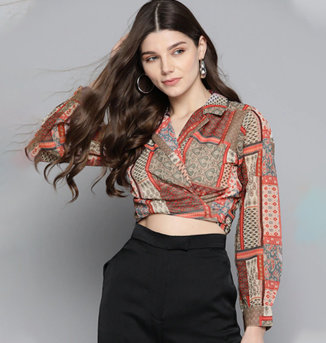 Sassafras Brown & Red Geometric Printed Georgette Wrap Crop Top